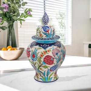 Ceramic Decorative Jar, Floral Festival Jar, Handcrafted Ceramic Jar with Lid, Jar for Shelf Decor, Turkish Ceramic Jar, Decorative Home Jar