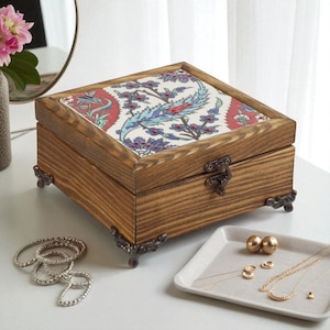 Rustic Wooden Jewelry Organizer, Tulip Design Box, Handmade Turkish Ceramic Keepsake Box, Boho Trinket Storage, Unique Gift Box