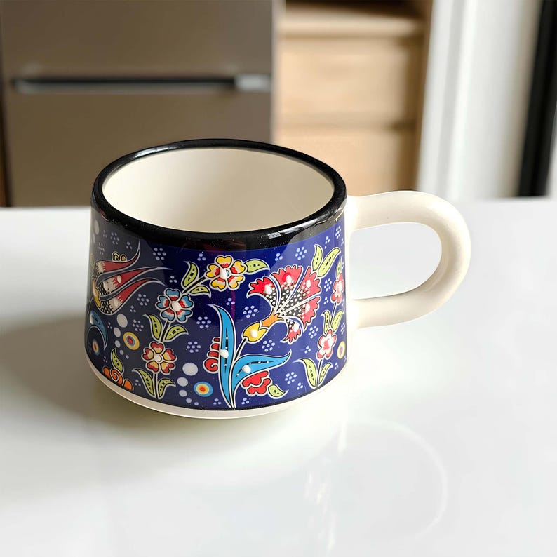 Ceramic Coffee Cups with Handle, 7 Oz Coffee Cups, Espresso Cups, Hand-Painted Handle Coffee Mug, Ceramic Cups Gift for Coffee Lover
