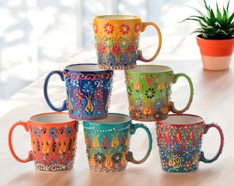 Handmade Turkish Ceramic Coffee Mug: 8 oz Hand-Painted Floral Design Cups