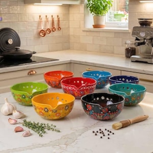 Herb Stripper Bowl & Garlic Grater, Ceramic Garlic Grater, 2 in 1 Herb Stripper Bowl, Grater with Spout, Handmade Kitchen Tool