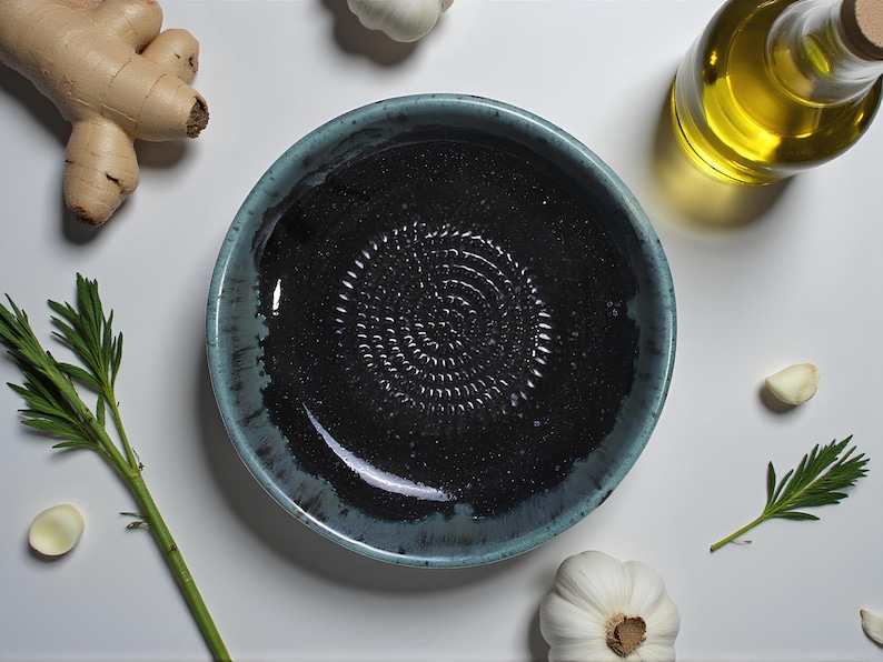 Handmade Ceramic Garlic Grater Bowl, 7" Glazed Grating Plate for Garlic, Cheese & Chocolate