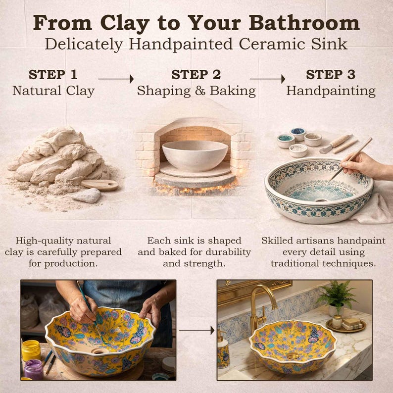 From clay to bathroom infographic illustrating handmade Turkish ceramic sink creation process including natural clay, shaping and kiln firing, artisan handpainting, and final decorative vessel sink installed in a premium bathroom