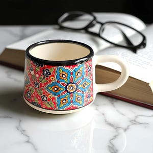 Ceramic Coffee Cups with Handle, 7 Oz Coffee Cups, Espresso Cups, Hand-Painted Handle Coffee Mug, Ceramic Cups Gift for Coffee Lover