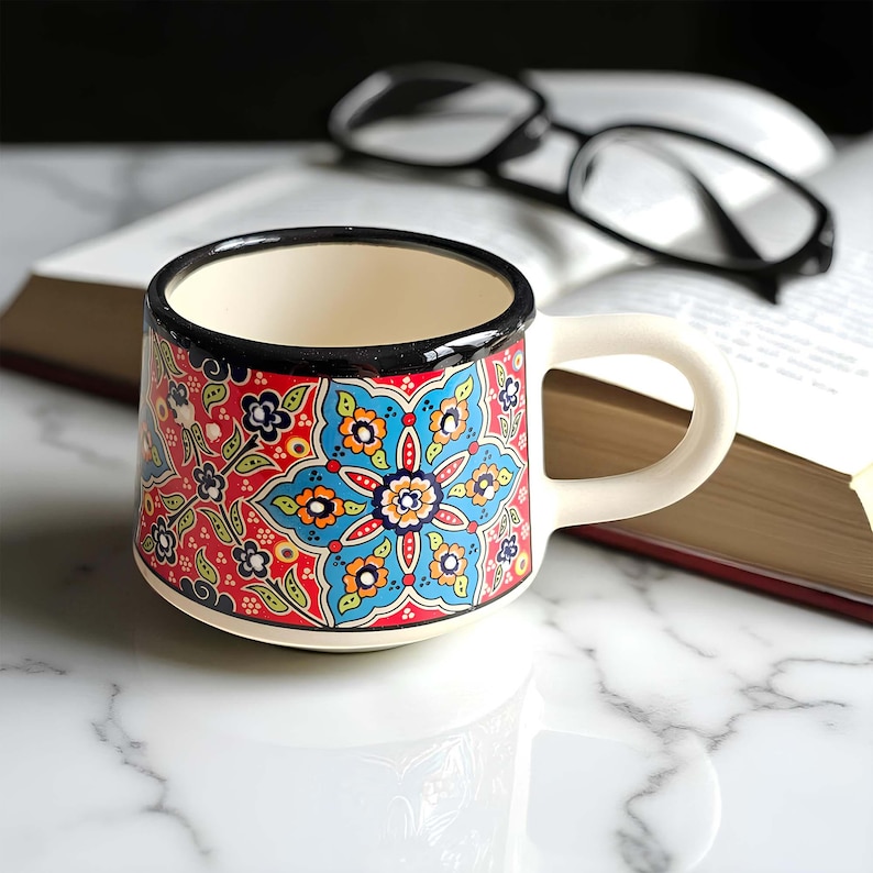 Ceramic Coffee Cups with Handle, 7 Oz Coffee Cups, Espresso Cups, Hand-Painted Handle Coffee Mug, Ceramic Cups Gift for Coffee Lover