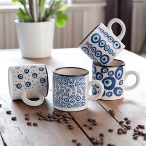 Ceramic Espresso Cups, 5 Oz Coffee Cups Set, Devil Eye Ceramic Cups Set of 4, Decorative Turkish Cups, Ceramic Cups Set for Coffee Lovers