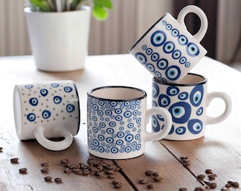 Evil Eye Espresso Cups: Turkish Coffee Ceramic Cups Set of 4
