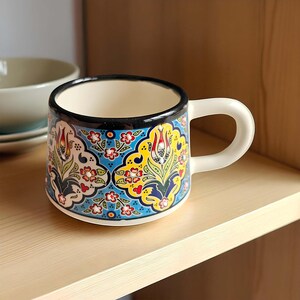 Ceramic Coffee Cups with Handle, 7 Oz Coffee Cups, Espresso Cups, Hand-Painted Handle Coffee Mug, Ceramic Cups Gift for Coffee Lover
