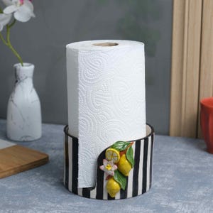 Barra de papel toalha de cerâmica, porta-guardanapos de cerâmica feito à mão, porta-rolos de papel, porta-toalha de papel de cerâmica, padrão limão, organização de cozinha