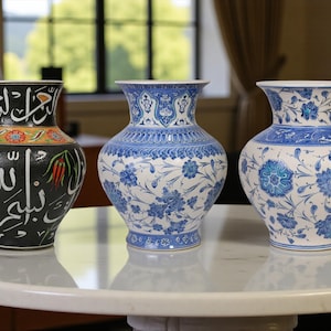Op de afbeelding: Drie keramische vazen met unieke ontwerpen. De vaas links is zwart met witte kalligrafie en oranje en groene accenten. De middelste vaas is wit met blauwe bloempatronen. De vaas rechts is wit met blauwe bloempatronen.