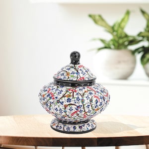 Ceramic Decorative Jar, Floral Meadow Jar, Handmade Ceramic Jar for Livingroom Decor, Turkish Jar with Lid, Candy Jar, Ceramic Sugar Bowl