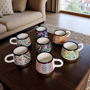 Ceramic Coffee Cups with Handle, 7 Oz Coffee Cups, Espresso Cups, Hand-Painted Handle Coffee Mug, Ceramic Cups Gift for Coffee Lover