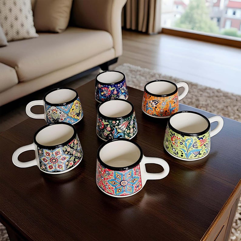 Ceramic Coffee Cups with Handle, 7 Oz Coffee Cups, Espresso Cups, Hand-Painted Handle Coffee Mug, Ceramic Cups Gift for Coffee Lover