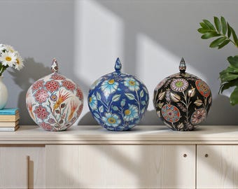 Turkish Ceramic Globe Jar with Lid, Hand-Painted Floral Ceramic Jars, Blue and Black Pattern Ceramic Jar Decor