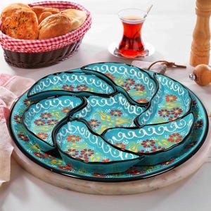 Handgefertigtes türkisches Snack-Set, türkisfarbene Keramik-Aperitifschalen, 8-teiliges Dip-Tablett, Servierset zum Frühstück, Servierteller-Geschenk zur Einweihungsparty