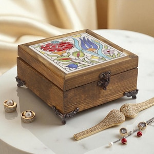 Wooden Jewelry Keepsake, Tulip Carnation Ceramic Box, Handmade Turkish Ceramic Tile Box for Storing Bracelets, Earrings, and Accessories