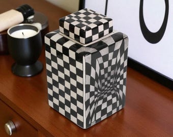 Tarro decorativo de cerámica, tarro con ilusión óptica, tarro de cerámica hecho a mano para sala de estar, tarro con tapa, tarro decorativo para pasillo, tarro cuadrado