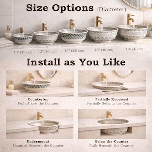 Infographic of handmade Turkish ceramic vessel sinks in multiple sizes (10", 12", 14", 16", 18") with installation options including countertop, partially recessed, undermount, and below counter, displayed in a premium bathroom design with gold faucet
