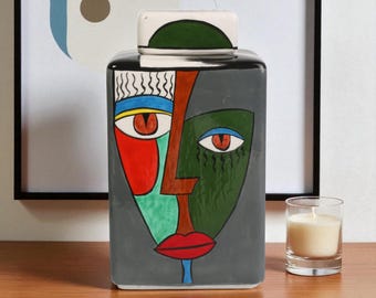 Tarro decorativo de cerámica con cara cubista, hecho a mano para sala de estar, con tapa, para pasillo, cuadrado.