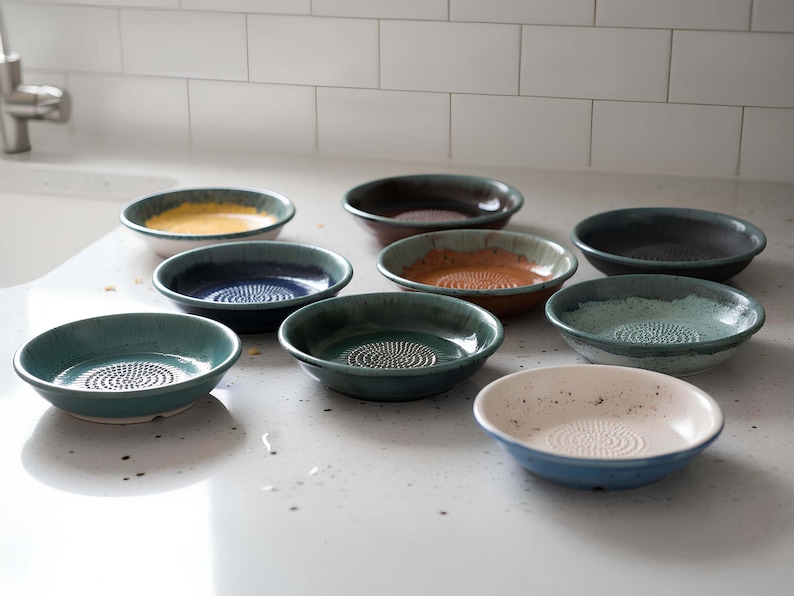 Handmade Ceramic Garlic Grater Bowl, 7" Glazed Grating Plate for Garlic, Cheese & Chocolate