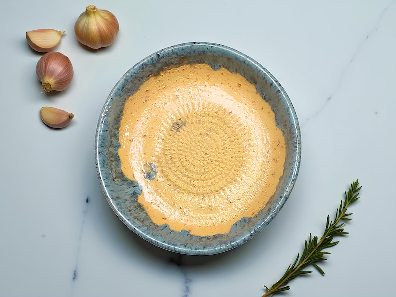 Handmade Ceramic Garlic Grater Bowl, 7" Glazed Grating Plate for Garlic, Cheese & Chocolate