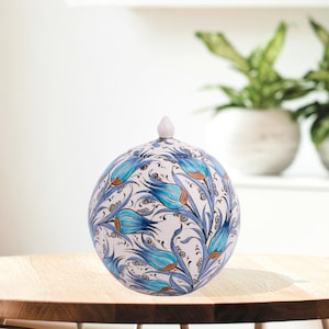 Ceramic Decorative Jar, Turquoise Tulip Jar, Handcrafted Ceramic Jar for Kitchen Decor, Turkish Jar with Lid, Ceramic Globe Jar, Ideal Gift