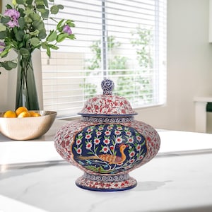 Ceramic Decorative Jar, Songbird Bloom Jar, Handmade Ceramic Jar for Living Room, Turkish Jar with Lid, Decorative Jar Gift for Housewarming