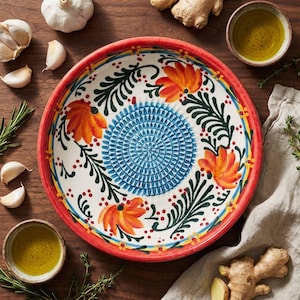 Puede incluir: Un plato de cerámica decorativo con borde rojo, con un diseño central en espiral azul y motivos florales naranjas. El plato está rodeado de follaje verde y bayas rojas. Ajo, romero y pequeños cuencos de aceite están dispuestos alrededor.