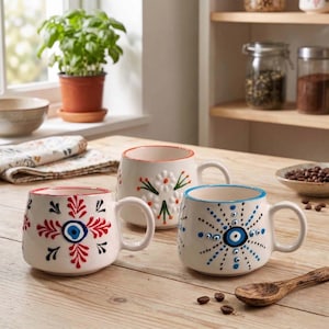 Może przedstawiać: Trzy białe ceramiczne kubki z dekoracyjnymi wzorami na drewnianym stole. Jeden kubek ma czerwono-niebieski kwiatowy wzór z symbolem oka, drugi ma kwiatowy wzór z zielonymi akcentami, a trzeci ma niebieski wzór w kropki z symbolem oka.