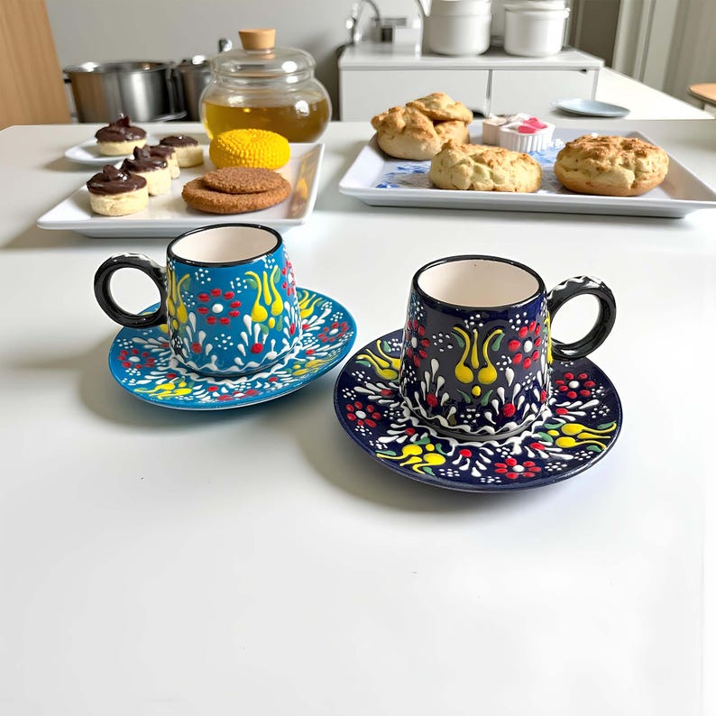 May include: Two Turkish coffee cups and saucers with colorful floral patterns. One cup is blue, the other is dark blue. Both have black handles and rims. The saucers match the cups' designs. The cups are on a white surface.