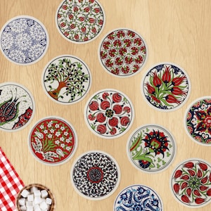 Handmade Ceramic Coasters, 4" Trivet for Hot Coffee Cups, Turkish Coasters, Heat Resistant Coasters Set, Glazed Ceramic Pads, Pottery Gift