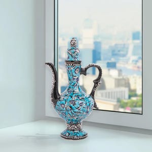 Jarra de cerâmica feita à mão, jarra decorativa otomana turquesa, jarra de cerâmica decorativa para decoração de sala de estar, jarra de cerâmica com padrões florais