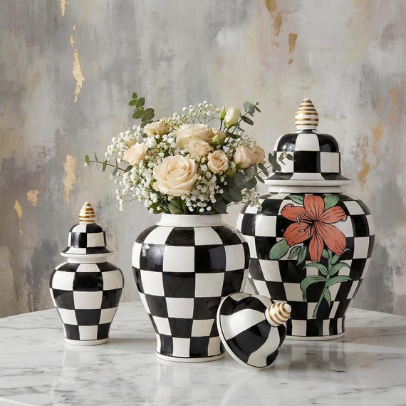 Floral Check Ceramic Ginger Jar With Lid, Black and White