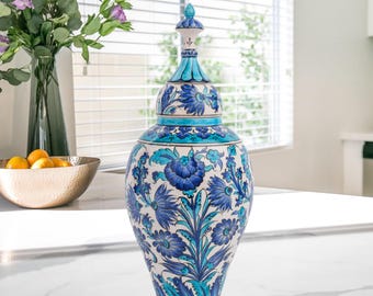 Ceramic Decorative Jar, Vizier Blue Jar, Handmade Ceramic Jar, Decorative Jar for Kitchen Counter, Turkish Ceramic Canister with Lid