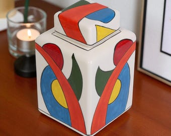 Tarro decorativo de cerámica con diseño geométrico, hecho a mano para sala de estar, con tapa, para pasillo, cuadrado.