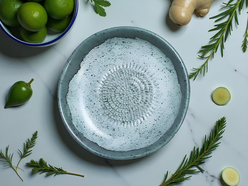 Handmade Ceramic Garlic Grater Bowl, 7" Glazed Grating Plate for Garlic, Cheese & Chocolate