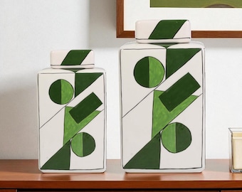 Tarro decorativo de cerámica, tarro geométrico verde, tarro de cerámica hecho a mano para sala de estar, tarro con tapa, tarro decorativo para pasillo, tarro cuadrado