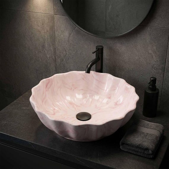 Handmade Ceramic Vessel Sink, Pink Marble Look Bathroom Basin, Scalloped Vanity Sink, Modern Countertop Wash Basin, Unique Bathroom Sink