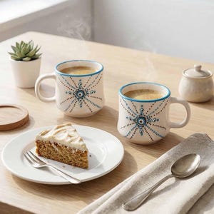 May include: Two white ceramic mugs with blue and black dot patterns and blue rims, filled with coffee. A slice of cake on a white plate, a spoon, and a small succulent plant are also on the wooden table.