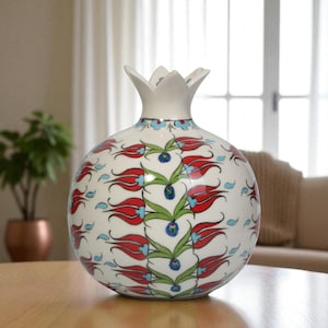 Hand-Painted Pomegranate Vase, White Flame Tulip Vase, Ceramic Table Vase, Modern Vase Accent, Unique Vase for Kitchen or Shelf Decor