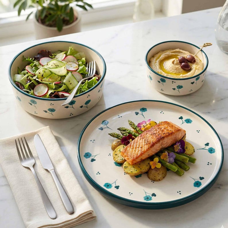 K&ouml;nnte beinhalten: Ein gedeckter Tisch mit einem Teller mit Lachs, Spargel und Kartoffeln, einer Salatsch&uuml;ssel und einer Hummus-Sch&uuml;ssel. Das Geschirr hat einen wei&szlig;en Hintergrund mit blauen Blumenmustern und einem gr&uuml;nen Rand. Silberbesteck und eine Serviette sind ebenfalls vorhanden.