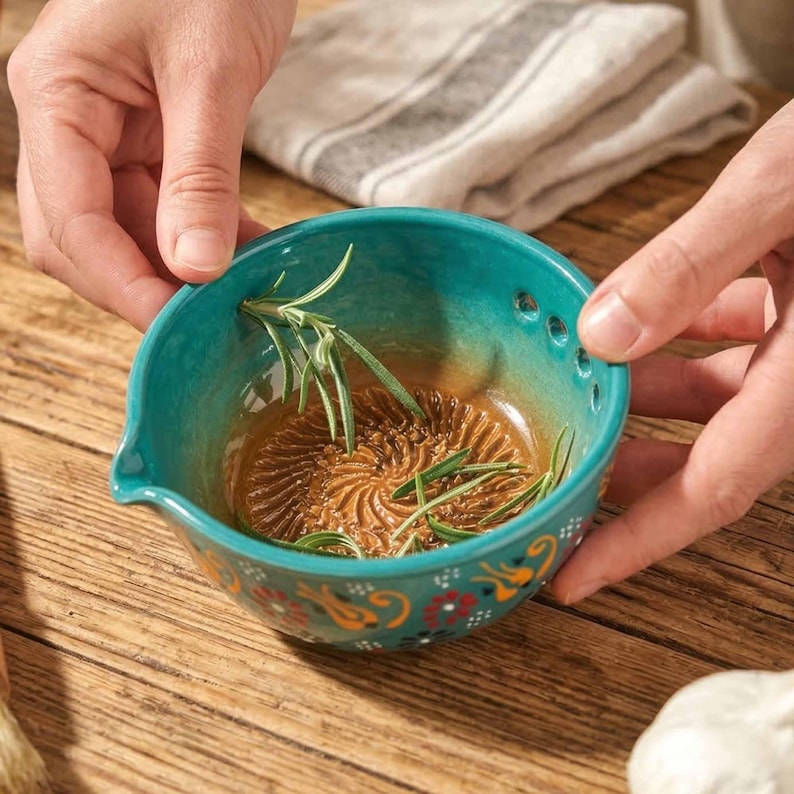 Herb Stripper Bowl & Garlic Grater, Ceramic Garlic Grater, 2 in 1 Herb Stripper Bowl, Grater with Spout, Handmade Kitchen Tool