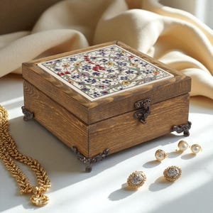 Boho Ceramic Jewelry Box, Botanical Floral Ceramic Box, Handmade Wood Box with Turkish Tile Inlay, Keepsake Organizer for Accessories & Gift