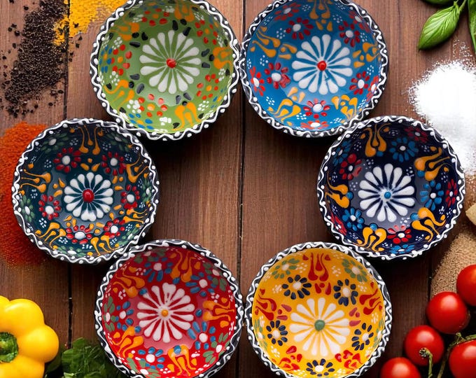 Handmade Ceramic Dipping Bowls: Turkish Floral Design Spices Dishes, Set of 6 Pinch Bowls
