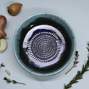 Handmade Ceramic Garlic Grater Bowl, 7" Glazed Grating Plate for Garlic, Cheese & Chocolate