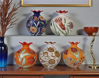 Turkish Ceramic Pomegranate Vases, Bold Floral Vases, Colorful Decorative Accents for Shelf Decor and Artistic Home Styling