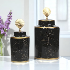 Ceramic Decorative Jar, Midnight Marble Jar, Handmade Turkish Jar with Gold Shell Lid, Ceramic Jar for Living Room Decor, Luxury Jar Gift