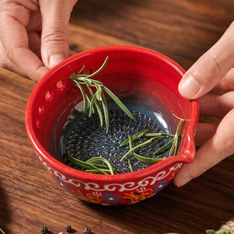 Herb Stripper Bowl & Garlic Grater, Ceramic Garlic Grater, 2 in 1 Herb Stripper Bowl, Grater with Spout, Handmade Kitchen Tool