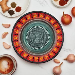 Ceramic Grater Bowl, 7&quot; Garlic Plate, Fiery Tulips Grater Bowl, Handmade Grater Dish, Platter for Chocolate & Cheese, Vegetable Rub Plate