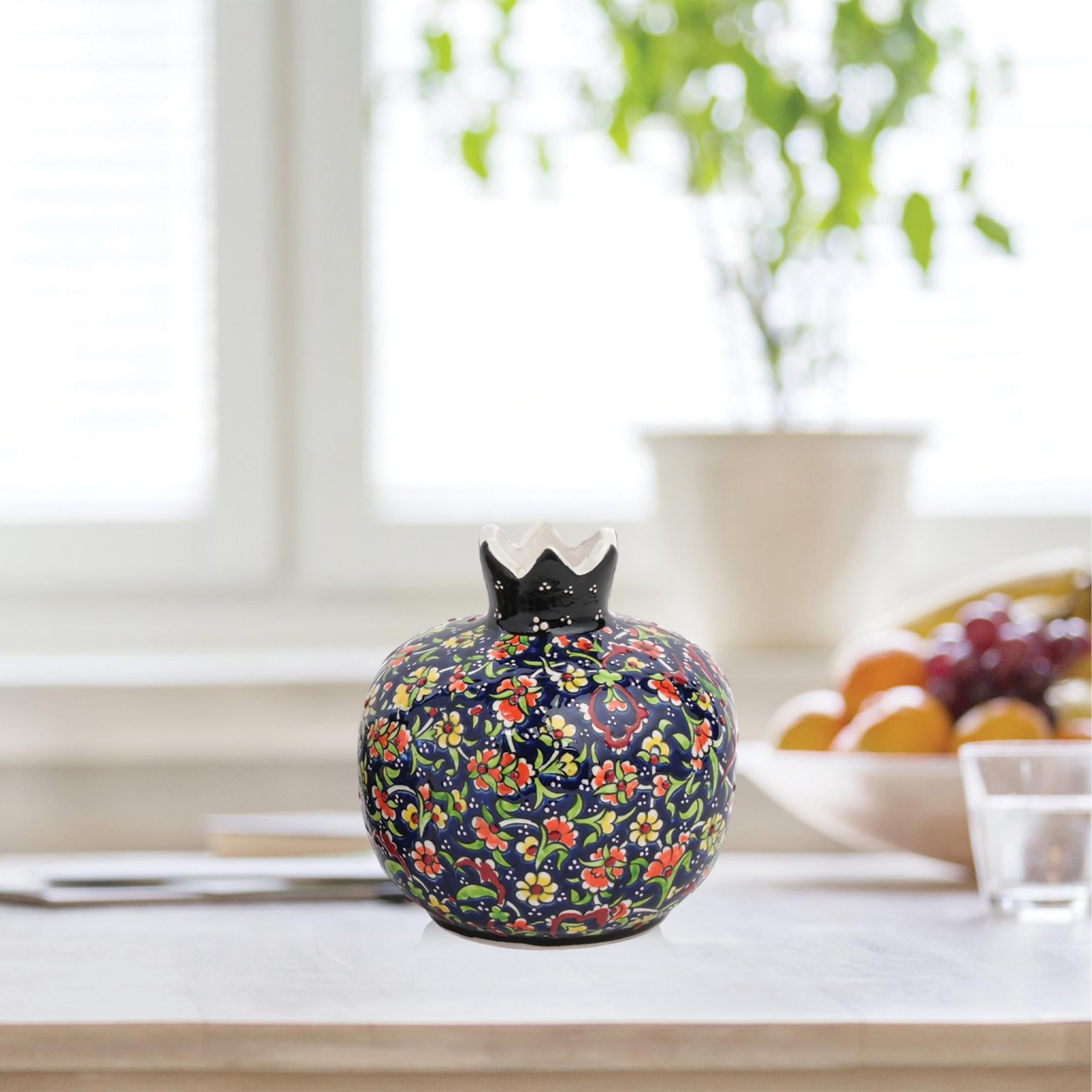 ハンドメイド陶器のザクロ花瓶セット：ミッドナイトブルームの花柄